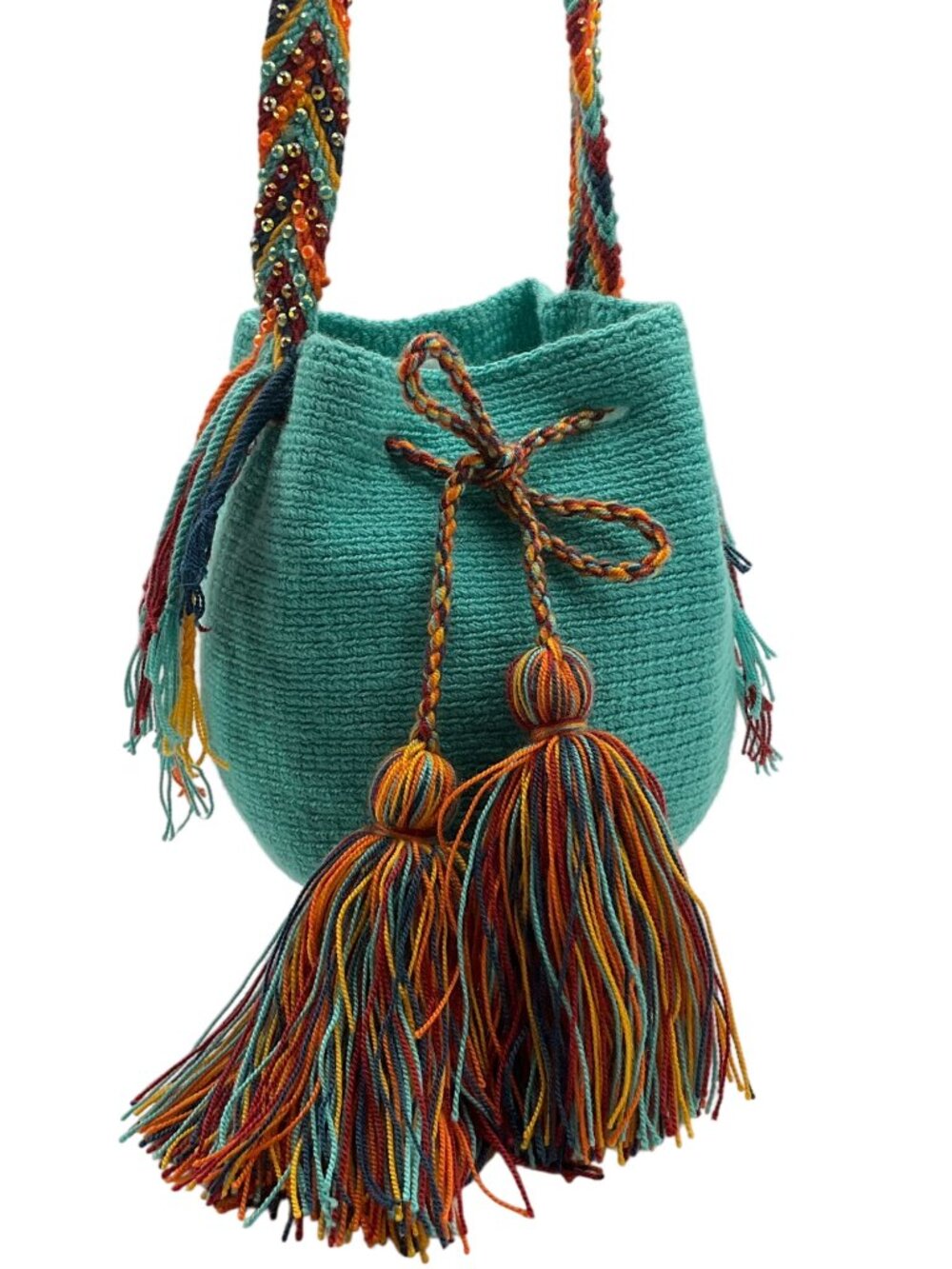 Handwoven Artisan Colombian Teal Turquoise Crossbody Small Bucket Bag Boho